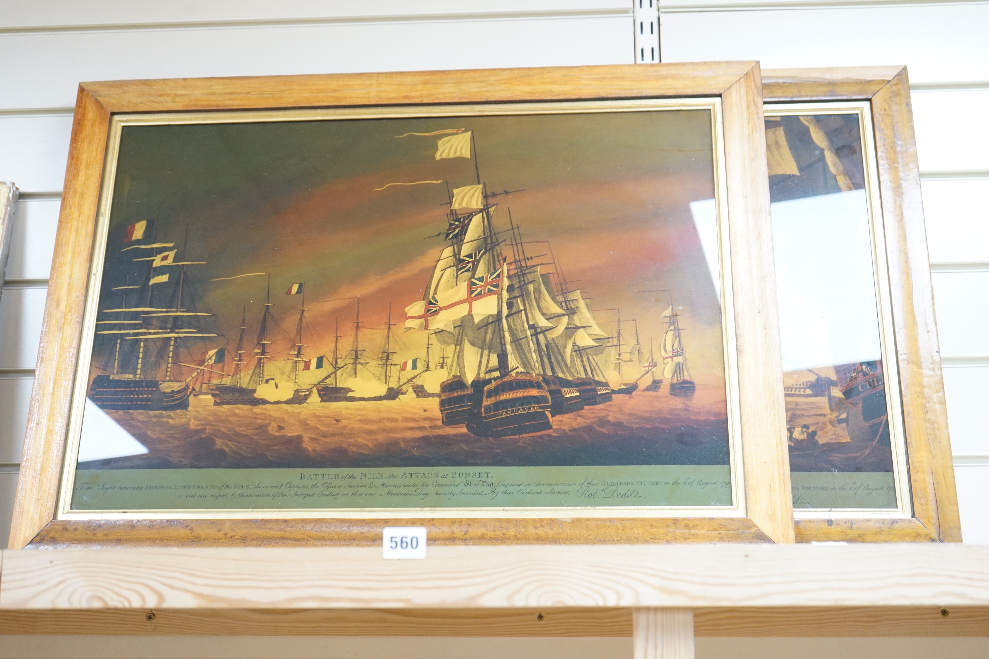 A pair of modern reprint reverse prints on glass, Views of the Battle of the Nile, 42 x 63cm